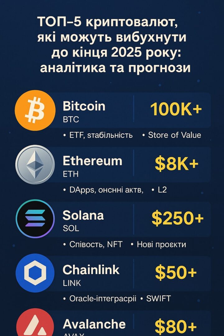 Інфографіка: ТОП-5 криптовалют з потенціалом вибухового зростання до кінця 2025 року — Bitcoin, Ethereum, Solana, Chainlink, Avalanche з логотипами, прогнозами цін і причинами зростання
