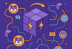 Ілюстрація Blockcast у техностилі — центральний блок із блискавками, навколо якого обертаються ноди з усміхненими хом’яками. Лінії зв’язку, повідомлення і куби символізують Web3-мережу, все на фіолетовому фоні з сіткою.