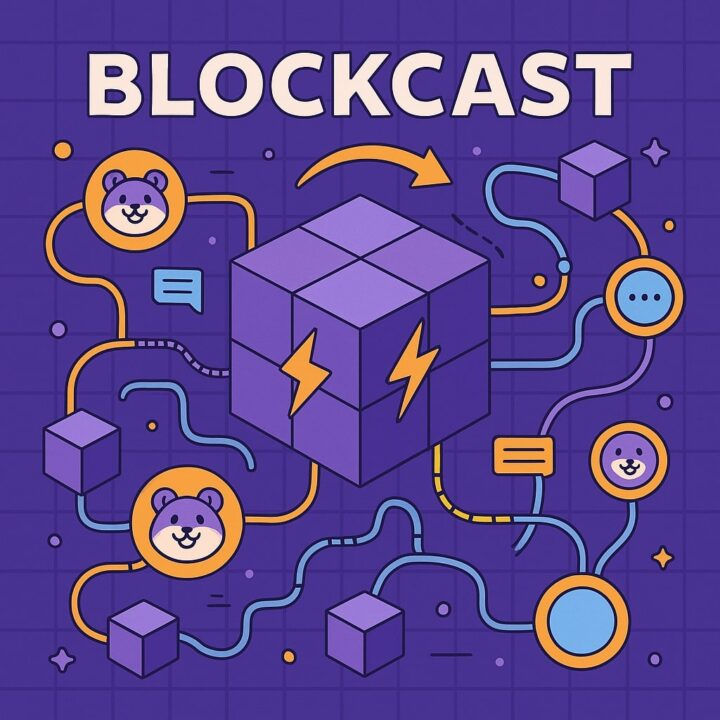 Ілюстрація Blockcast у техностилі — центральний блок із блискавками, навколо якого обертаються ноди з усміхненими хом’яками. Лінії зв’язку, повідомлення і куби символізують Web3-мережу, все на фіолетовому фоні з сіткою.
