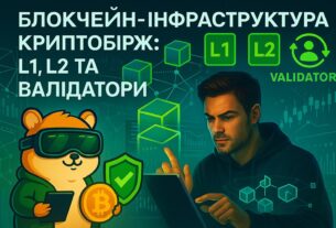 Горизонтальна фотореалістична ілюстрація 720×480: чоловік у темному худі працює з голографічними інтерфейсами L1, L2, поруч криптохом’як у шоломі тримає токен валідатора. Фон — блокчейн-графіки, вузли, сервери, схеми валідації. Заголовок: 'Блокчейн-інфраструктура криптобірж: L1, L2 та валідатори'. Атмосфера передає технологічну глибину, інфраструктурну складність та динаміку криптобірж.