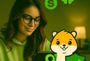 Фотореалістична ілюстрація: дівчина в салатовому худі працює з планшетом, поруч криптохом’як тримає зелений ключ і щит. Навколо — іконки ока з доларом, мозку та рукостискання. Заголовок: 'Філософія блокчейну'. Атмосфера передає ідеї децентралізації, прозорості, цифрової свободи, етики довіри та технологічного суверенітету.