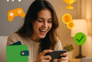 Фотостилізована ілюстрація: геймерка грає в GameFi-гру на смартфоні, поруч ноутбук із графіком токенів, навколо — іконки геймпада, трофею та криптомонет. Заголовок: 'GameFi: що змінює гру'. Атмосфера передає поєднання ігрового захоплення та цифрової економіки.
