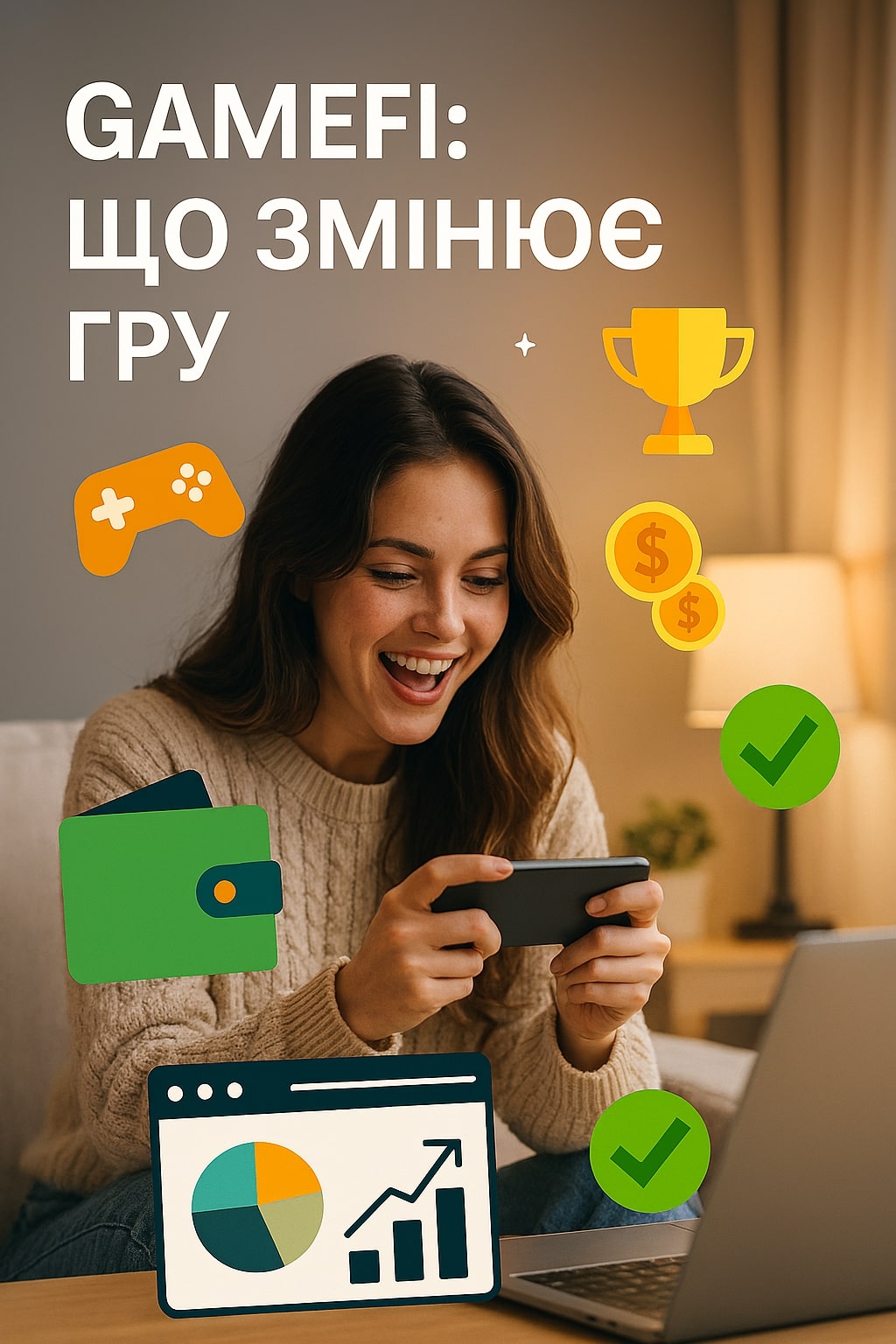 Фотостилізована ілюстрація: геймерка грає в GameFi-гру на смартфоні, поруч ноутбук із графіком токенів, навколо — іконки геймпада, трофею та криптомонет. Заголовок: 'GameFi: що змінює гру'. Атмосфера передає поєднання ігрового захоплення та цифрової економіки.