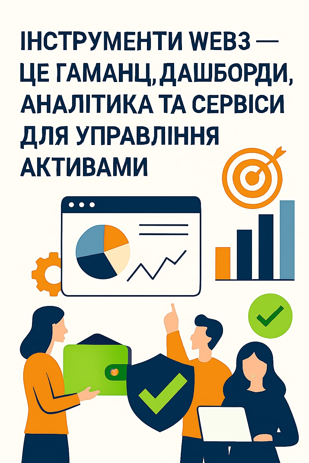 Ілюстрація: троє людей взаємодіють із Web3-інструментами — цифровими гаманцями, дашбордами, графіками та сервісами управління активами. Один тримає гаманець, інший аналізує дашборд із графіками, третій працює з ноутбуком. Заголовок: 'Інструменти Web3 — це гаманці, дашборди, аналітика та сервіси для управління активами'. Візуальні елементи передають технологічність, прозорість і контроль над цифровими активами.