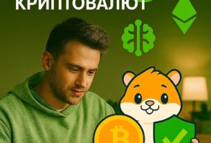 Фотореалістична ілюстрація: чоловік у салатовому светрі працює за ноутбуком, поруч криптохом’як тримає щит і монету Bitcoin. Навколо — іконки Bitcoin, Ethereum, Binance. Заголовок: 'Історія створення топових криптовалют'. Атмосфера передає дослідницький настрій, технологічну глибину та дружній стиль Web3.