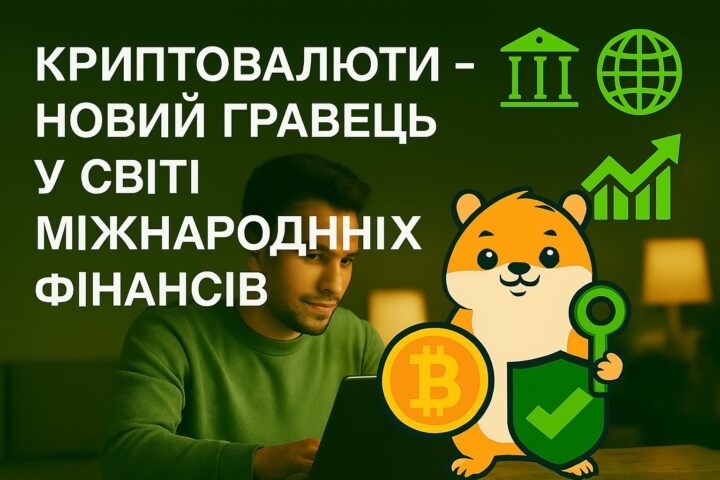 Горизонтальна фотореалістична ілюстрація: чоловік у салатовому светрі працює за ноутбуком, поруч криптохом’як тримає монету Bitcoin і зелений щит. Навколо — іконки банку, глобуса та графіка зростання. Заголовок: 'Криптовалюти – новий гравець у світі міжнародних фінансів'. Атмосфера передає ідею глобальної інтеграції, цифрової економіки та технологічної трансформації фінансових систем.