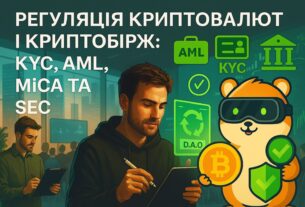 Горизонтальна фотореалістична ілюстрація 720×480: чоловік у салатовому светрі аналізує документи KYC, AML, MiCA, SEC, поруч криптохом’як у окулярах тримає щит і токен. Фон — конференц-зал, біржові графіки, юридичні символи. Заголовок: 'Регуляція криптовалют і криптобірж: KYC, AML, MiCA та SEC'. Атмосфера передає серйозність регуляторної теми, баланс між технологією та правом.