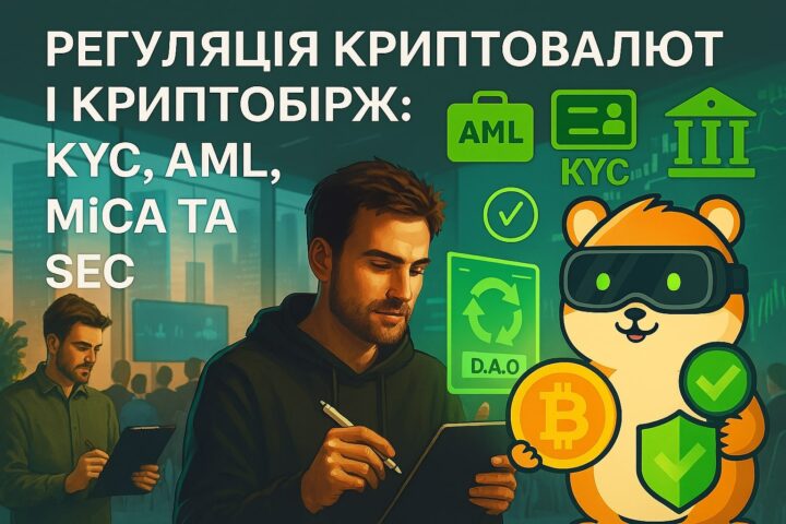 Горизонтальна фотореалістична ілюстрація 720×480: чоловік у салатовому светрі аналізує документи KYC, AML, MiCA, SEC, поруч криптохом’як у окулярах тримає щит і токен. Фон — конференц-зал, біржові графіки, юридичні символи. Заголовок: 'Регуляція криптовалют і криптобірж: KYC, AML, MiCA та SEC'. Атмосфера передає серйозність регуляторної теми, баланс між технологією та правом.