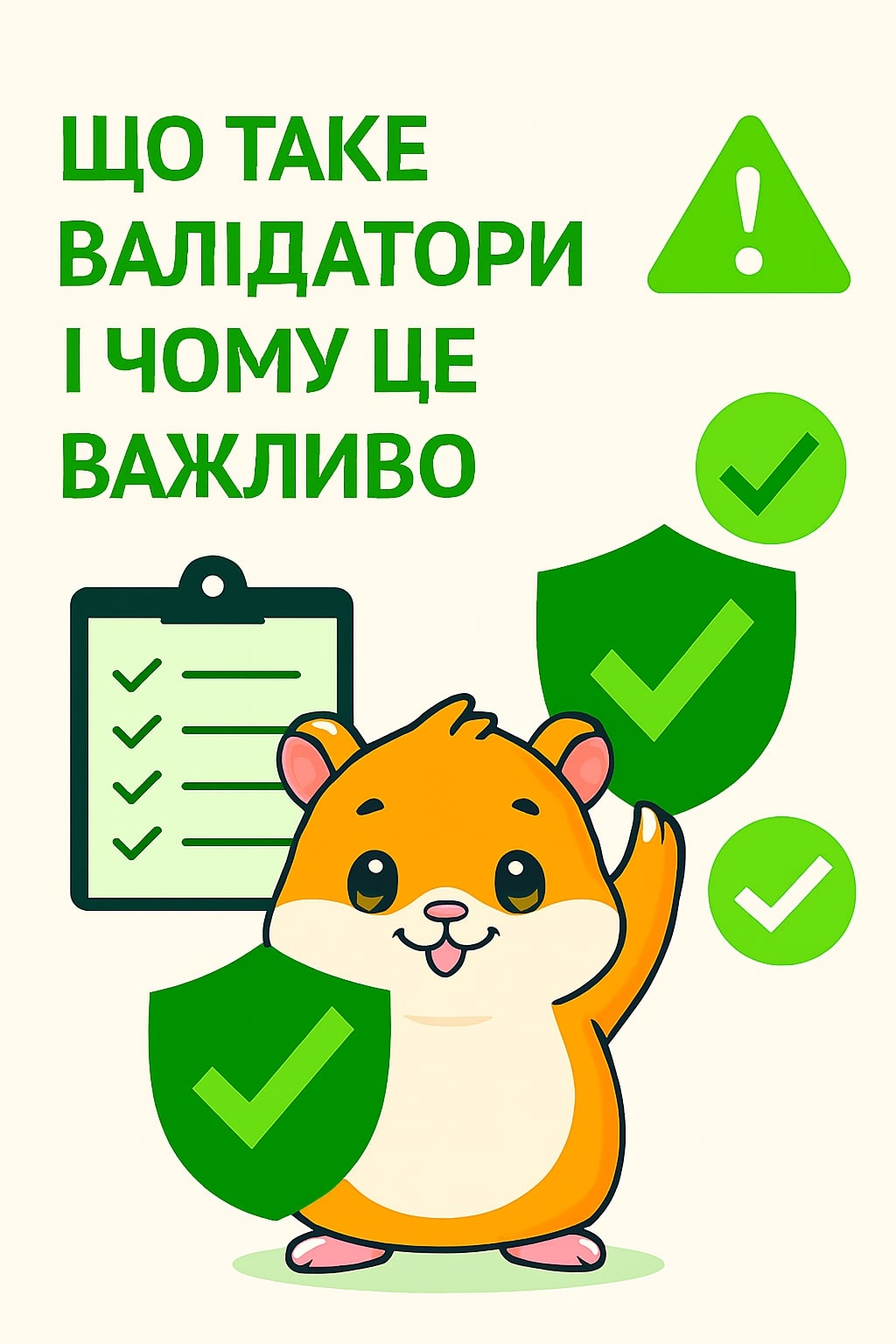 Ілюстрація: криптохом’як тримає зелений щит із галочкою, поруч чек-лист, знак безпеки та цифрові символи. Заголовок: 'Що таке валідатори і чому це важливо'. Стилізація в салатових тонах — передає довіру, технологічність і відповідальність у блокчейн-системах.