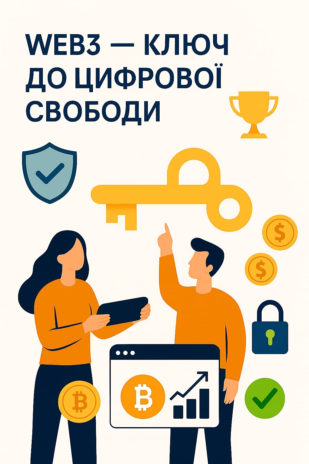 Ілюстрація: двоє людей тримають золотий ключ як символ доступу до Web3. Навколо — іконки блокчейну, безпеки, прозорості та контролю над даними. Заголовок: 'Web3 — ключ до цифрової свободи'. Візуальний стиль передає ідею децентралізації, технологічного суверенітету та цифрової автономії.