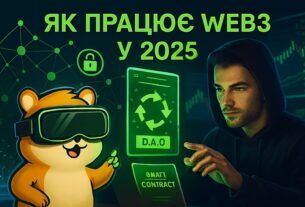 Горизонтальна фотореалістична ілюстрація 720×480: криптохом’як у VR-окулярах взаємодіє з DAO-дашбордом, поруч людина в темному худі працює з голографічним інтерфейсом Web3. Фон — нічне освітлення, біржові графіки, блокчейн-мережа. Заголовок: 'Як працює Web3 у 2025'. Атмосфера передає технологічну глибину, децентралізовану взаємодію та майбутнє цифрової економіки.
