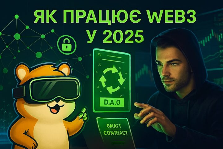 Горизонтальна фотореалістична ілюстрація 720×480: криптохом’як у VR-окулярах взаємодіє з DAO-дашбордом, поруч людина в темному худі працює з голографічним інтерфейсом Web3. Фон — нічне освітлення, біржові графіки, блокчейн-мережа. Заголовок: 'Як працює Web3 у 2025'. Атмосфера передає технологічну глибину, децентралізовану взаємодію та майбутнє цифрової економіки.